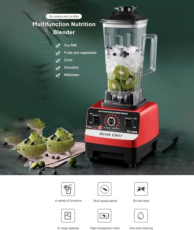 SILVERCREST MULTI BLENDER: 4500W, 2.5L JAR, 15-SPEED TIMER FOR SMOOTHIES, ICE CRUSHING, AND FOOD PROCESSING.